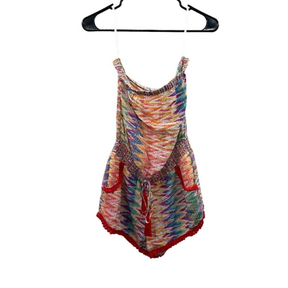 Charlie Jade 100% Silk Multicolor Ikat Print Strapless Romper Size S‎